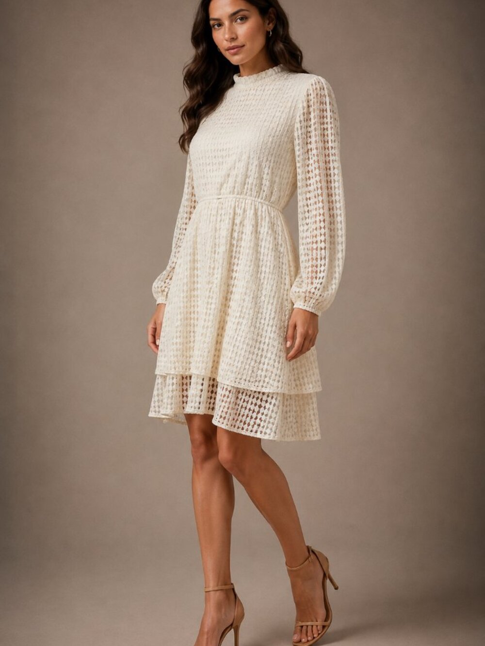 Mustard Seed Ivory Lace Tiered Dress L Long Sleeve High Neck Romantic Boho
